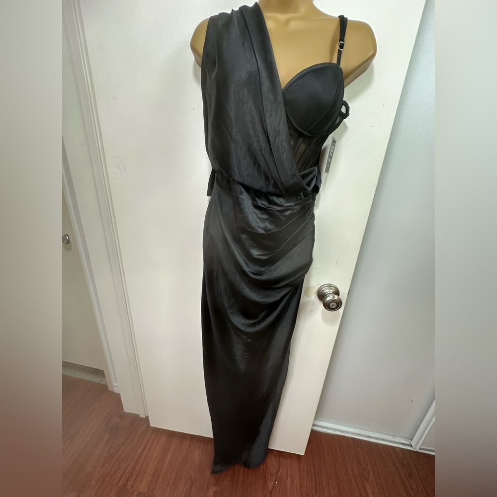 JLUXLABLE Black Anastacia‎ Satin Corset Drapy OneShoulder Front Slit Dress NWT S - Picture 4 of 16